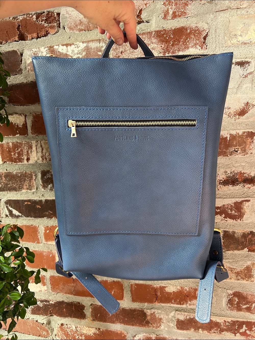Portland Leather Goods Pebbled Indigo Blue Pebbled Leather Laptop Tote Backpack